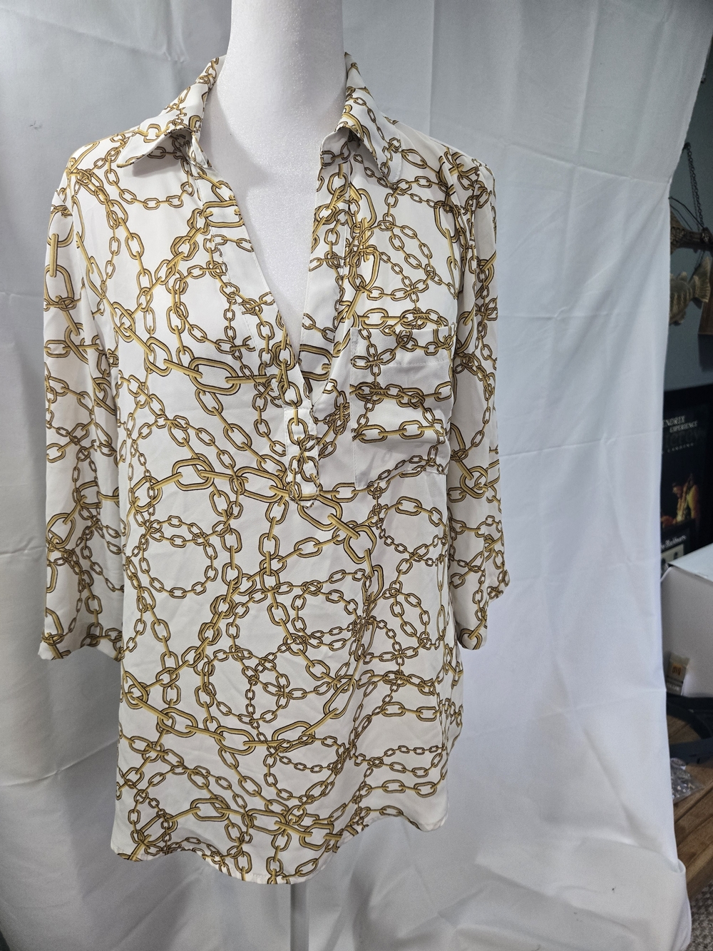 New York & Company Cream Tunic with Gold Chain Print
